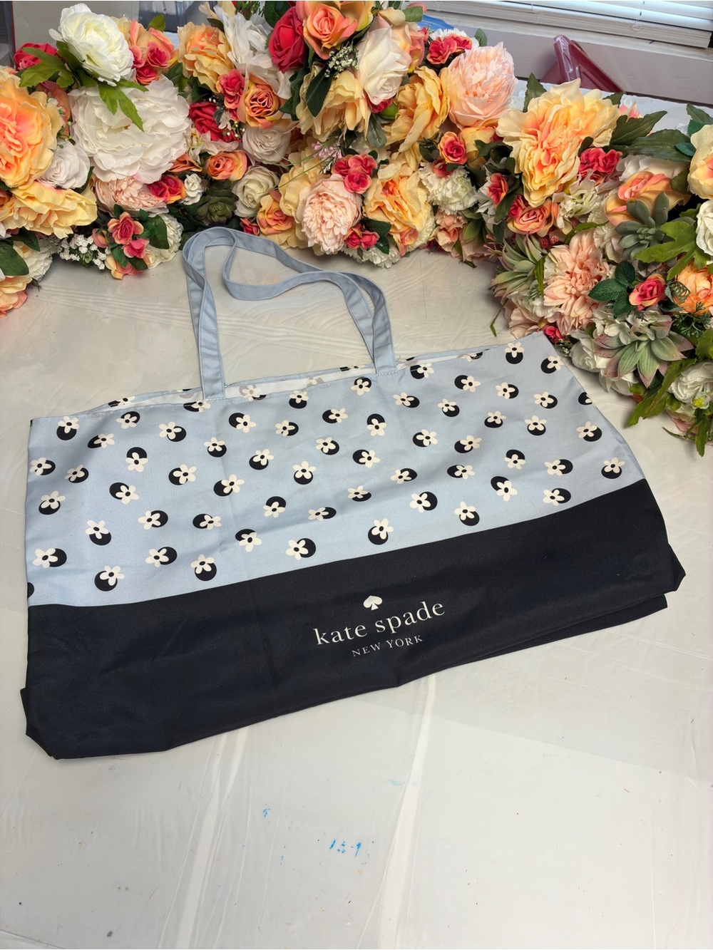 Kate Spade New York Floral Reusable Oversized Shopper Tote Blue Black 24x16